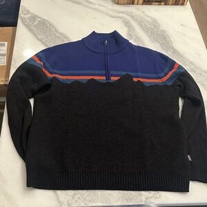 Patagonia Blue and Black Zip-Up Sweater with Orange Accents